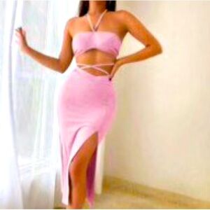Pink Crop Halter Top & Sexy Maxi Skirt w/ Slit